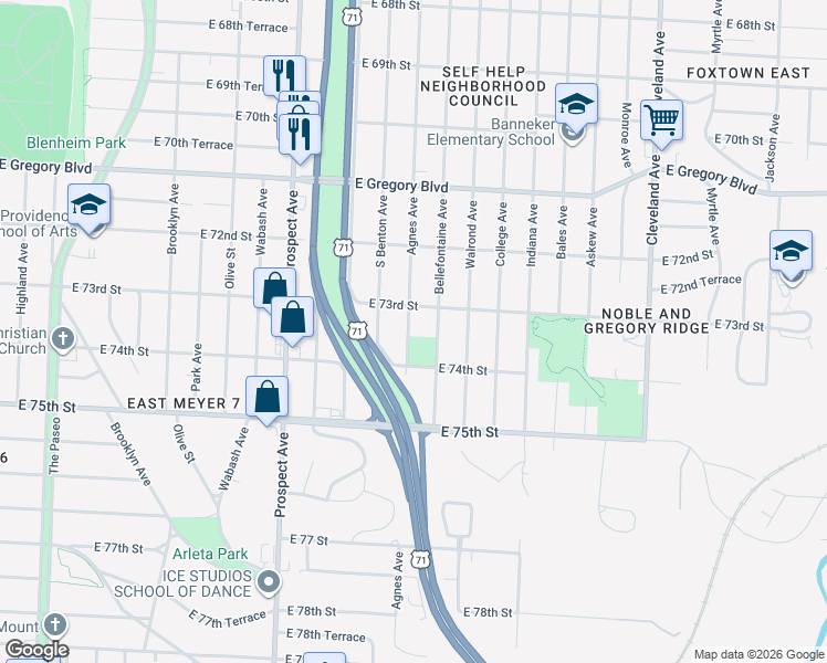 map of restaurants, bars, coffee shops, grocery stores, and more near 2925 East 73rd Street in Kansas City