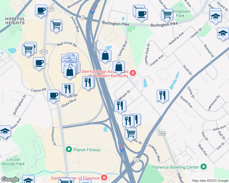 map of restaurants, bars, coffee shops, grocery stores, and more near 26 Miriam Drive in Florence