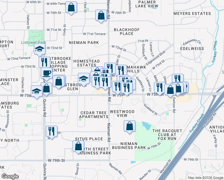 map of restaurants, bars, coffee shops, grocery stores, and more near 7405 Nieman Road in Shawnee