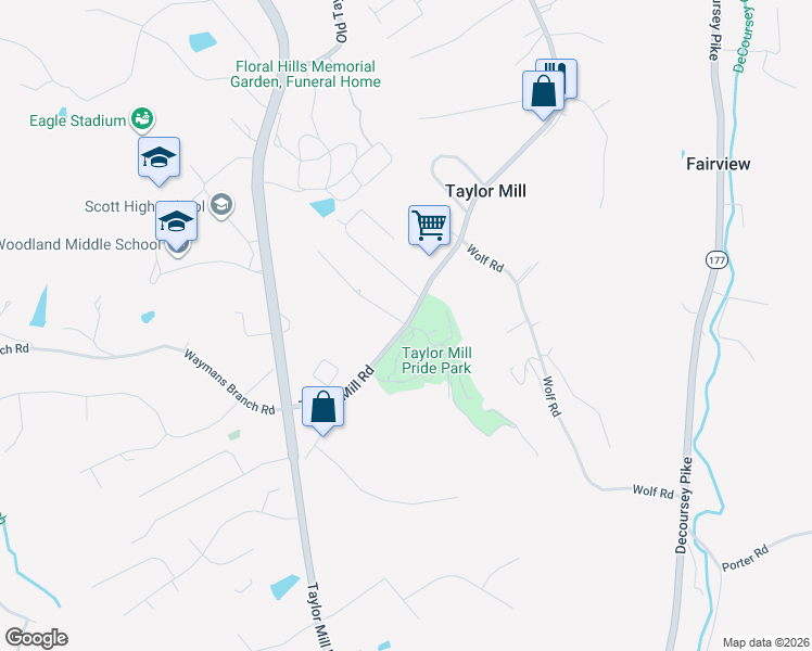 map of restaurants, bars, coffee shops, grocery stores, and more near 5610 Taylor Mill Road in Taylor Mill