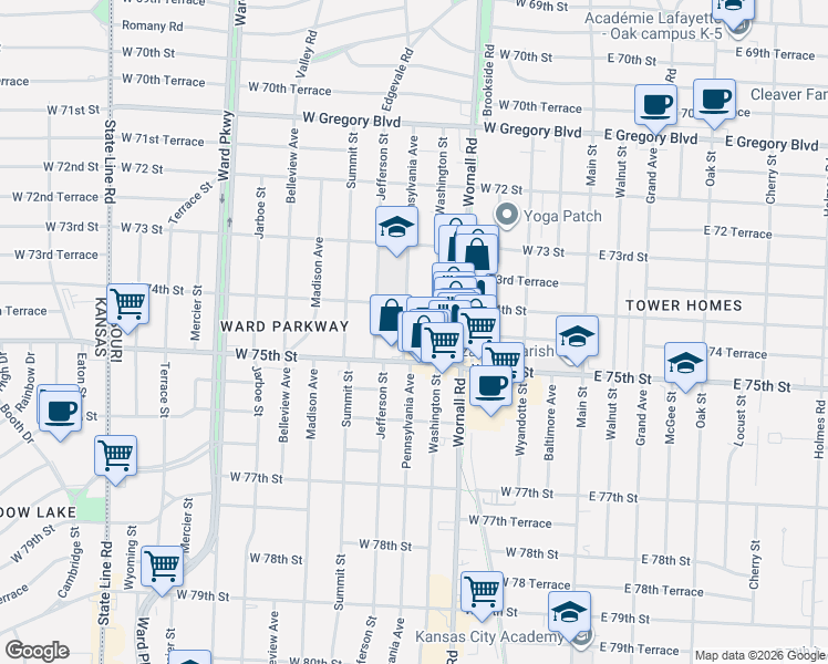 map of restaurants, bars, coffee shops, grocery stores, and more near 519 West 74th Street in Kansas City
