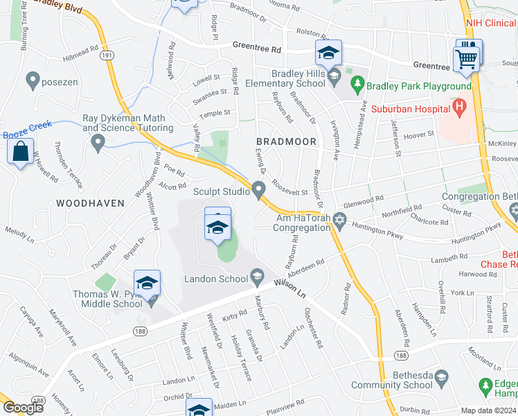 map of restaurants, bars, coffee shops, grocery stores, and more near 6005 Selvyn Road in Bethesda