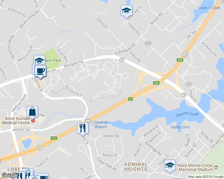 map of restaurants, bars, coffee shops, grocery stores, and more near 2000 Captain John Brice Way in Annapolis