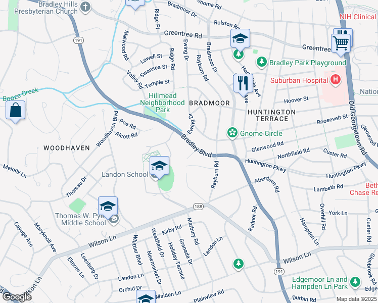 map of restaurants, bars, coffee shops, grocery stores, and more near 6005 Selvyn Road in Bethesda