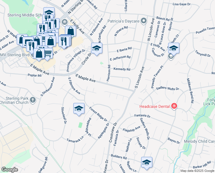 map of restaurants, bars, coffee shops, grocery stores, and more near 1200 East Maple Avenue in Sterling
