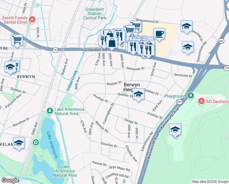 map of restaurants, bars, coffee shops, grocery stores, and more near 5812 Quebec Street in Berwyn Heights