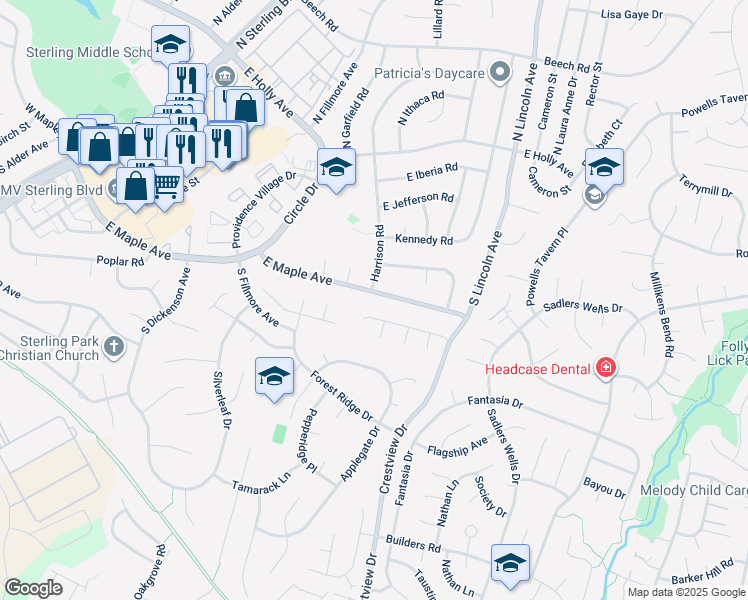map of restaurants, bars, coffee shops, grocery stores, and more near 1200 East Maple Avenue in Sterling
