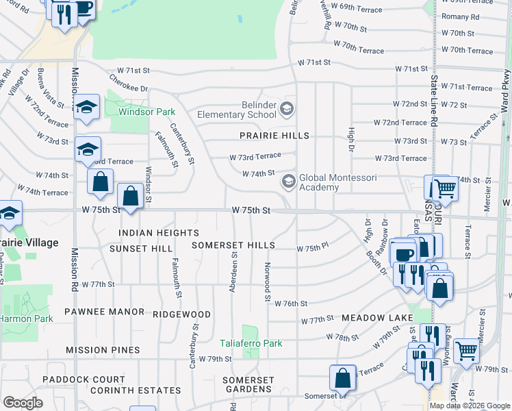 map of restaurants, bars, coffee shops, grocery stores, and more near 7444 Cherokee Drive in Prairie Village