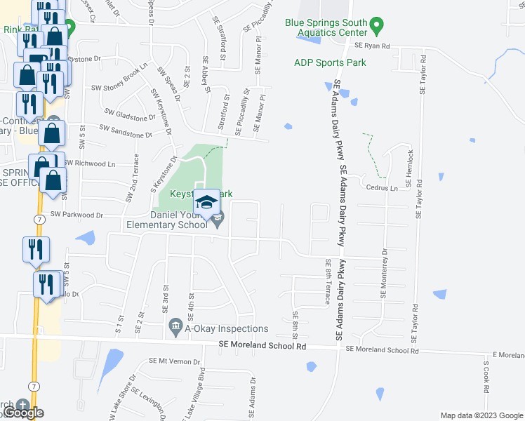 map of restaurants, bars, coffee shops, grocery stores, and more near 2404 Southeast 7th Street Terrace in Blue Springs