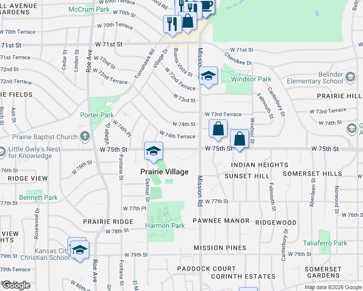 map of restaurants, bars, coffee shops, grocery stores, and more near 4011 West 74th Terrace in Prairie Village