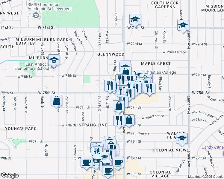 map of restaurants, bars, coffee shops, grocery stores, and more near 7212 West 75th Street in Overland Park