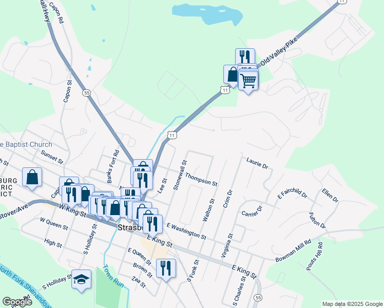 map of restaurants, bars, coffee shops, grocery stores, and more near 508 Stonewall Street in Strasburg