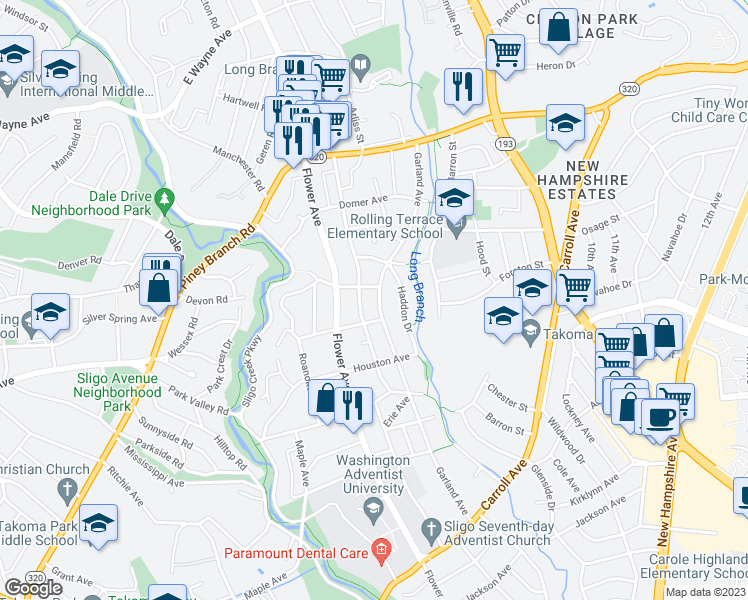 map of restaurants, bars, coffee shops, grocery stores, and more near 8306 Garland Avenue in Takoma Park
