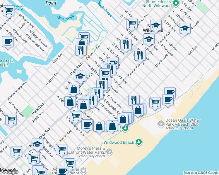 map of restaurants, bars, coffee shops, grocery stores, and more near 111 East 26th Avenue in North Wildwood