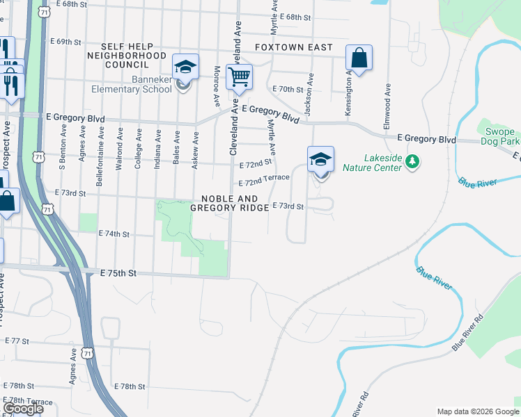 map of restaurants, bars, coffee shops, grocery stores, and more near 3814 East 73rd Street in Kansas City