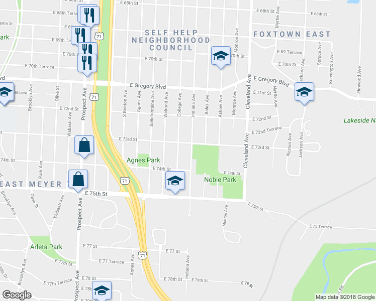 map of restaurants, bars, coffee shops, grocery stores, and more near 3324 East 73rd Street in Kansas City