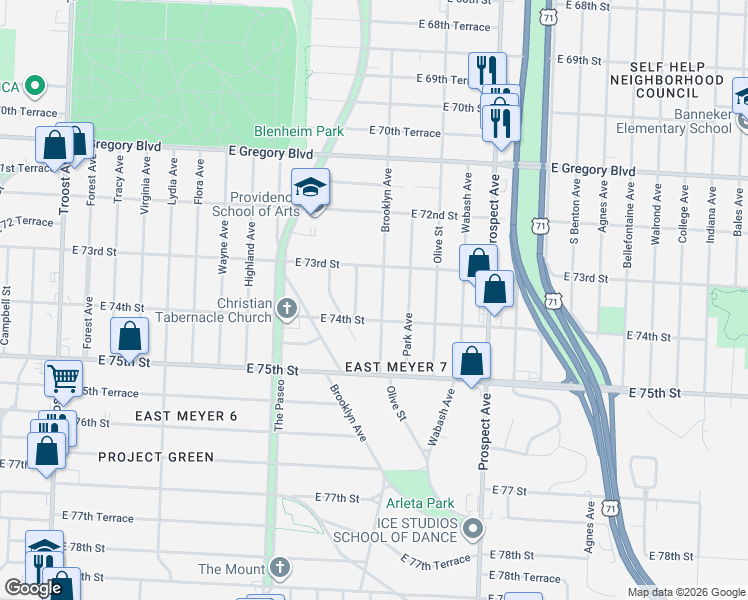 map of restaurants, bars, coffee shops, grocery stores, and more near 7307 Brooklyn Avenue in Kansas City
