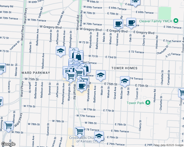 map of restaurants, bars, coffee shops, grocery stores, and more near 45 West 74th Street in Kansas City