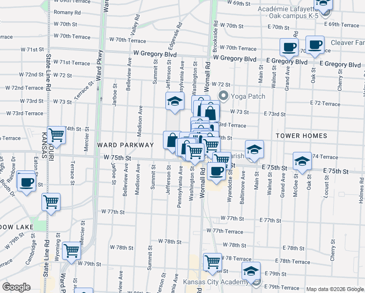 map of restaurants, bars, coffee shops, grocery stores, and more near 519 West 74th Street in Kansas City