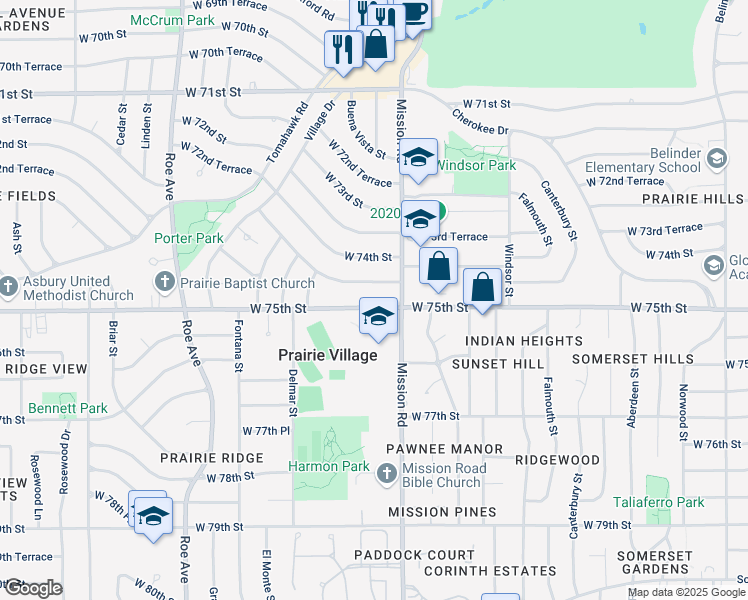 map of restaurants, bars, coffee shops, grocery stores, and more near 4011 West 74th Terrace in Prairie Village