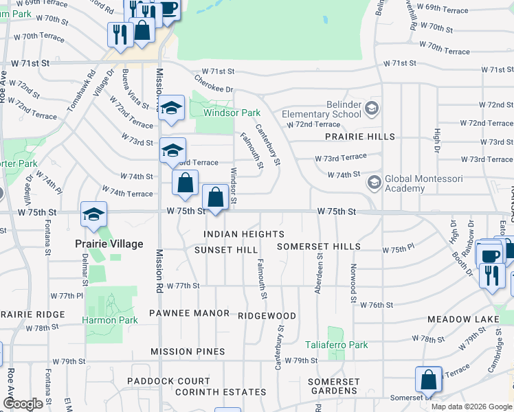 map of restaurants, bars, coffee shops, grocery stores, and more near 3319 West 74th Terrace in Prairie Village