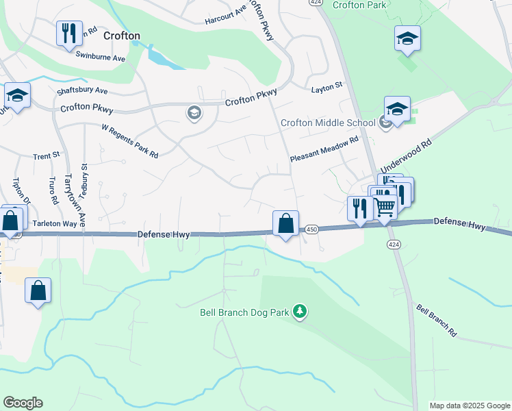 map of restaurants, bars, coffee shops, grocery stores, and more near 1697 Barrister Court in Crofton
