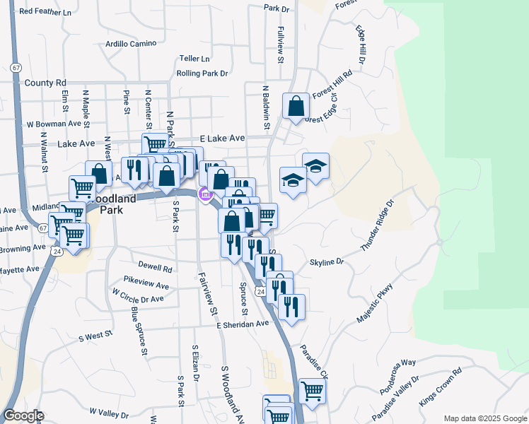 map of restaurants, bars, coffee shops, grocery stores, and more near 109 Boundary Road in Woodland Park
