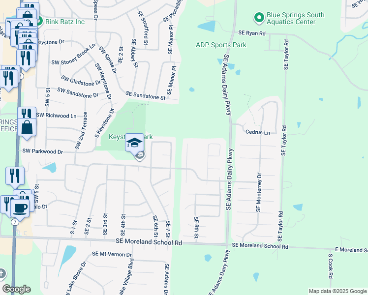 map of restaurants, bars, coffee shops, grocery stores, and more near 2401 Southeast Creek Ridge Court in Blue Springs