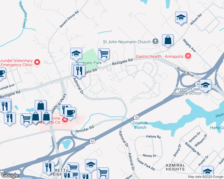 map of restaurants, bars, coffee shops, grocery stores, and more near 2123 Hideaway Court in Annapolis