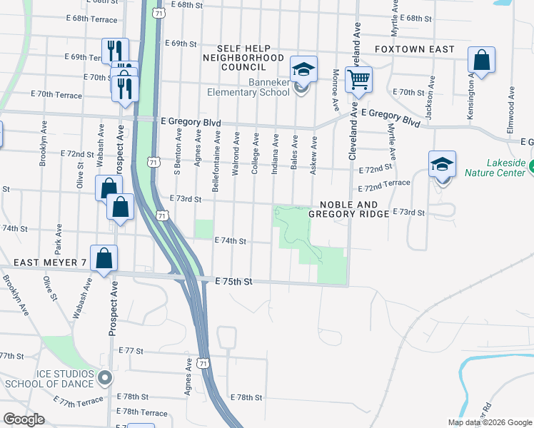 map of restaurants, bars, coffee shops, grocery stores, and more near 3324 East 73rd Street in Kansas City