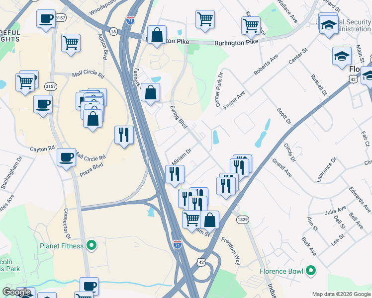 map of restaurants, bars, coffee shops, grocery stores, and more near 7 Miriam Drive in Florence