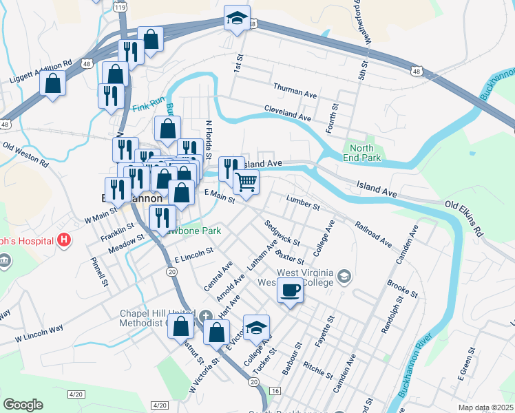 map of restaurants, bars, coffee shops, grocery stores, and more near 102 East Main Street in Buckhannon