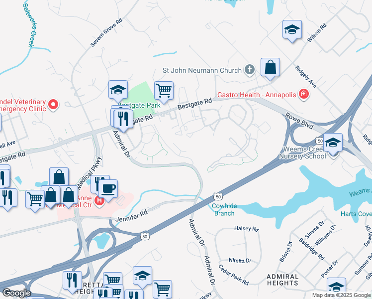map of restaurants, bars, coffee shops, grocery stores, and more near 2154 Hideaway Court in Annapolis