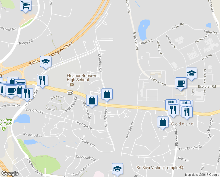 map of restaurants, bars, coffee shops, grocery stores, and more near 7509 Mandan Road in Greenbelt