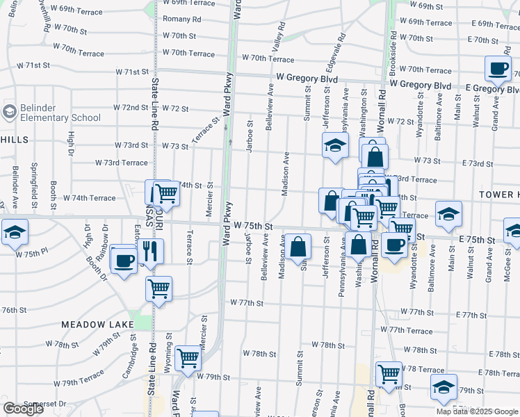 map of restaurants, bars, coffee shops, grocery stores, and more near 7416 Belleview Avenue in Kansas City