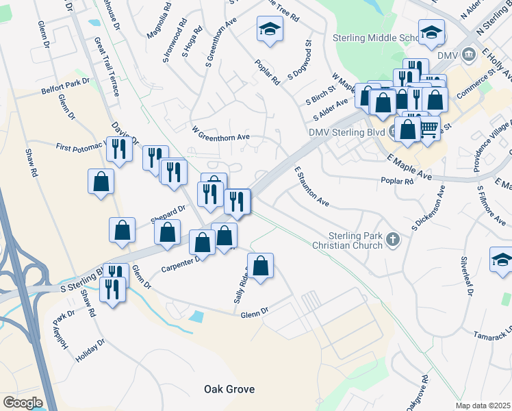 map of restaurants, bars, coffee shops, grocery stores, and more near 102 Williamsburg Road in Sterling