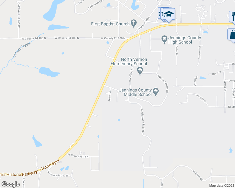 map of restaurants, bars, coffee shops, grocery stores, and more near Barlow Drive in North Vernon