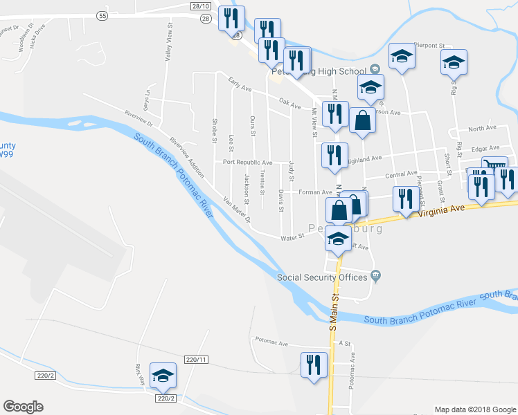 map of restaurants, bars, coffee shops, grocery stores, and more near 14 Trenton Street in Petersburg