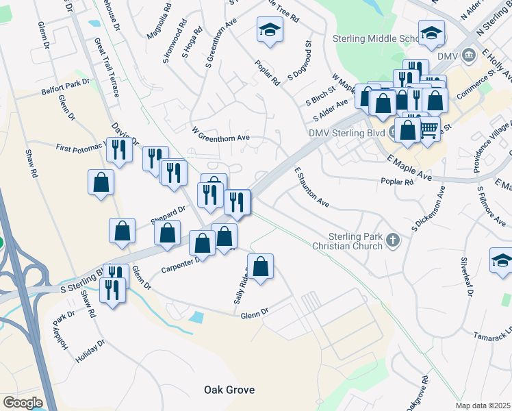 map of restaurants, bars, coffee shops, grocery stores, and more near 102 Williamsburg Road in Sterling