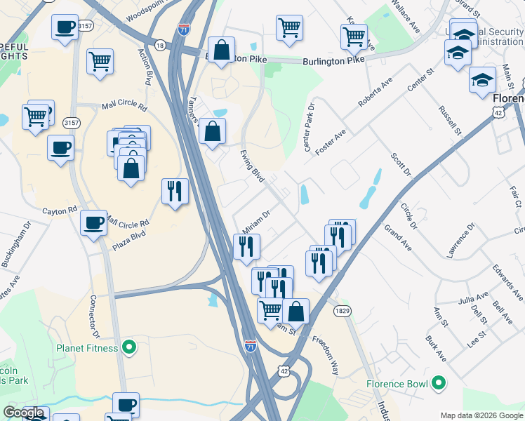 map of restaurants, bars, coffee shops, grocery stores, and more near 7 Miriam Drive in Florence