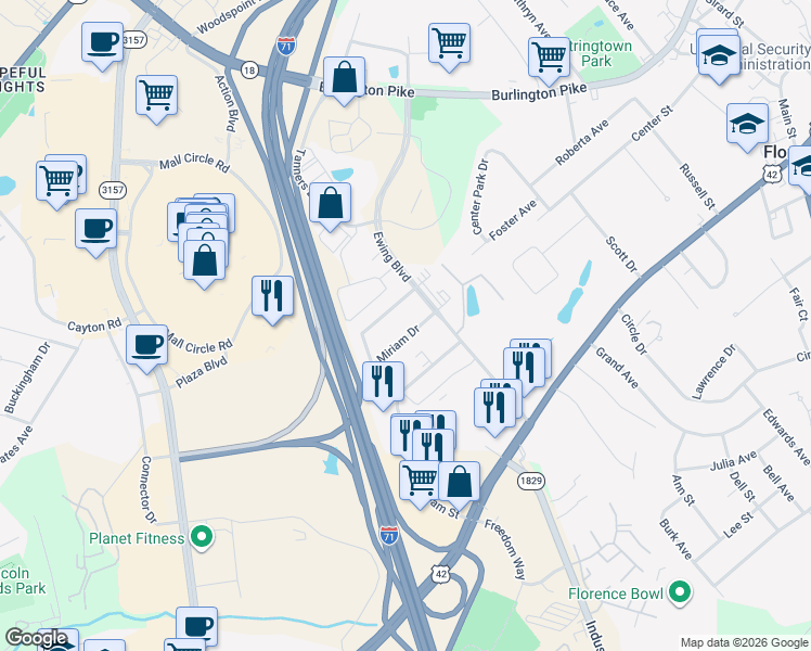 map of restaurants, bars, coffee shops, grocery stores, and more near 7 Miriam Drive in Florence