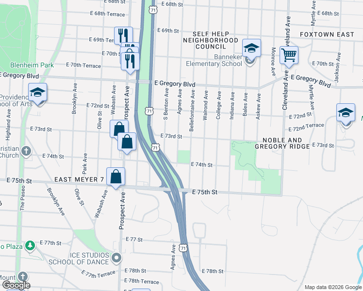 map of restaurants, bars, coffee shops, grocery stores, and more near 2925 East 73rd Street in Kansas City