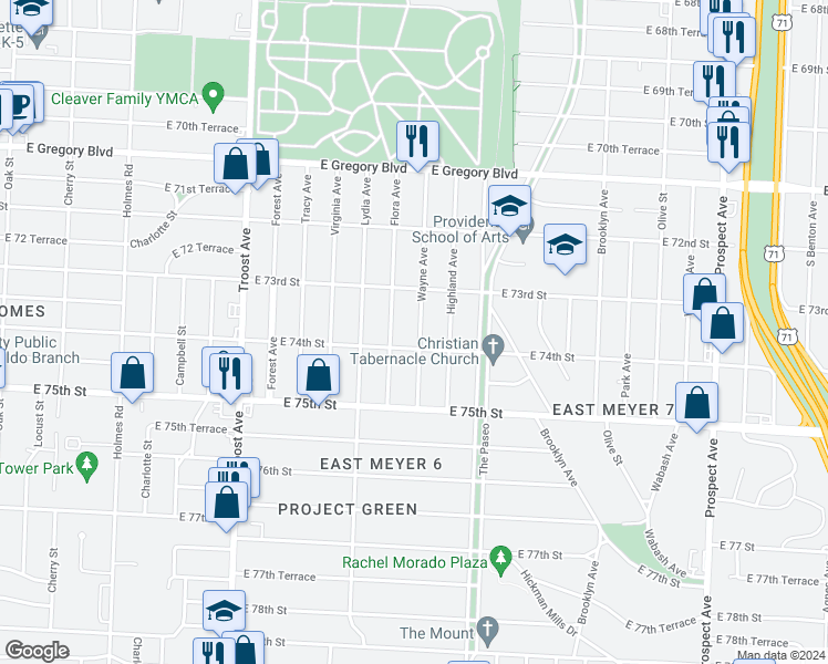 map of restaurants, bars, coffee shops, grocery stores, and more near 7322 Wayne Avenue in Kansas City