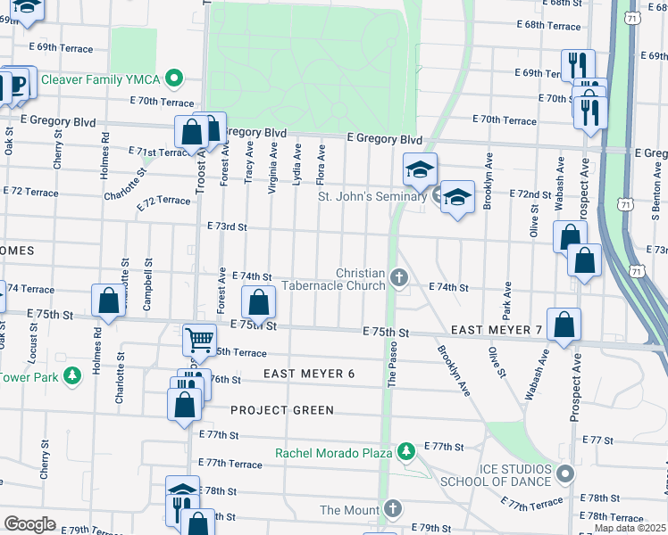 map of restaurants, bars, coffee shops, grocery stores, and more near 7322 Wayne Avenue in Kansas City
