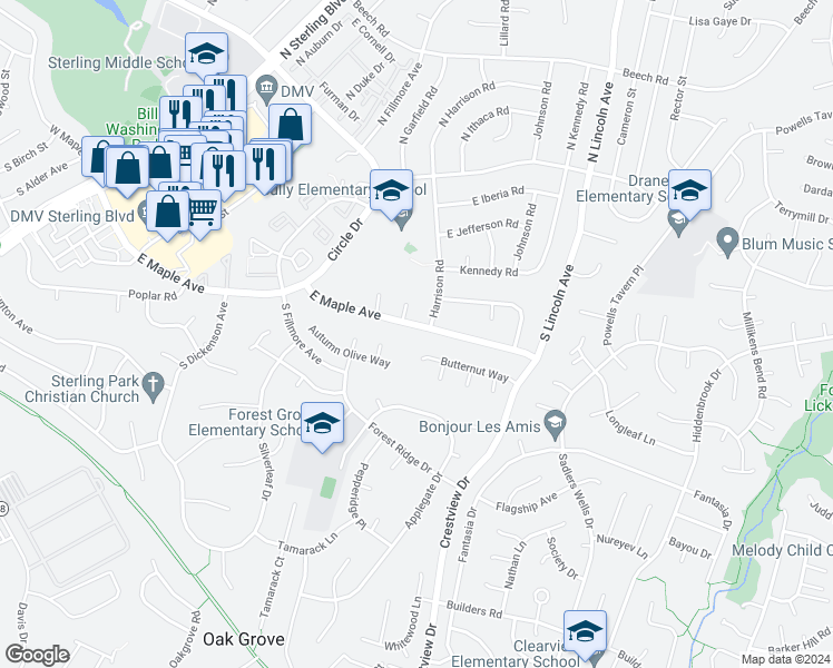 map of restaurants, bars, coffee shops, grocery stores, and more near 1112 East Maple Avenue in Sterling