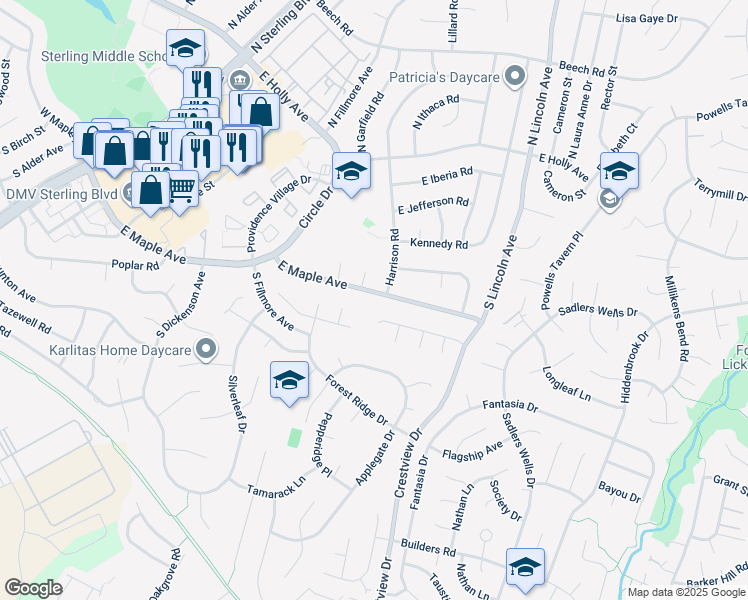 map of restaurants, bars, coffee shops, grocery stores, and more near 1112 East Maple Avenue in Sterling