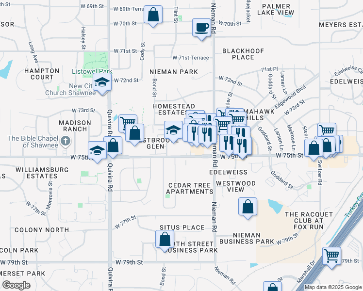 map of restaurants, bars, coffee shops, grocery stores, and more near 11230 West 75th Street in Overland Park