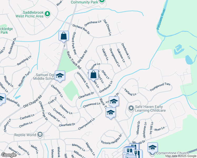 map of restaurants, bars, coffee shops, grocery stores, and more near 4412 Ockford Lane in Bowie