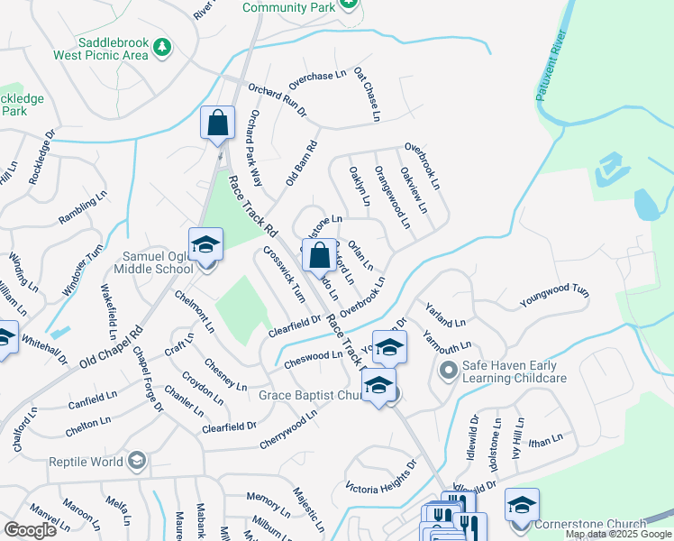 map of restaurants, bars, coffee shops, grocery stores, and more near 4412 Ockford Lane in Bowie