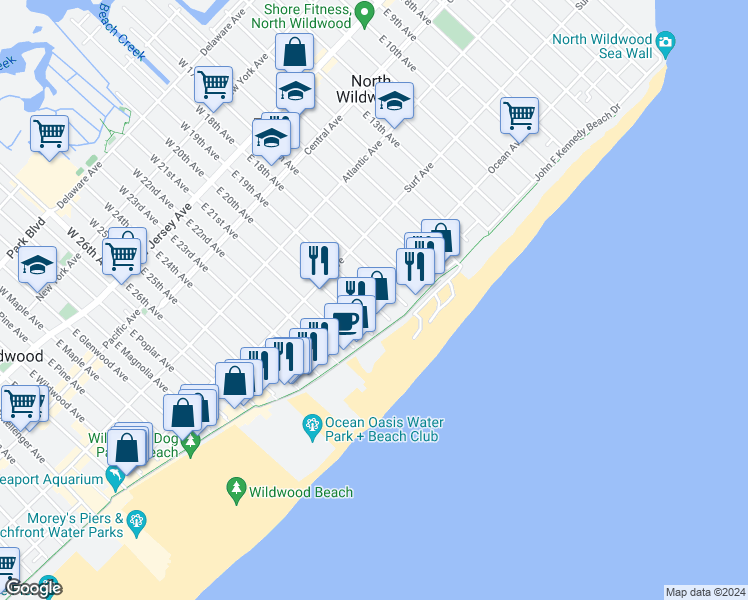 map of restaurants, bars, coffee shops, grocery stores, and more near 431 East 19th Avenue in Wildwood